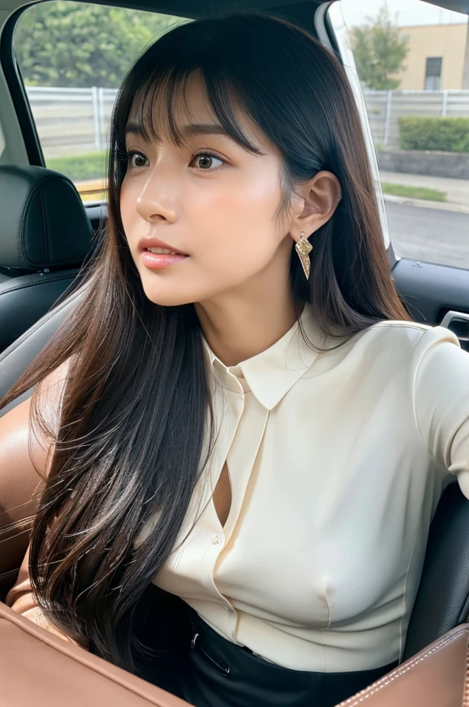 Assistant seat、Inside the car at the driving school, driving school instructor, ((full body)), ((photo)), ((best qualtiy, 8K, tmasterpiece:1.3)), Focus:1.2, perfect figure beautiful girl:1.4, 1girl, cowboy shot, look at viewer, incredibly absurd, beautiful and cute girl with a photorealistic face, showcasing top-quality craftsmanship, A Japanese woman sitting in the passenger seat of a car at a driving school, 22 years old, has long, shiny, straight black hair, long bangs cut above her eyes as  bangs, large, dark eyes, long eyelashes, cat-like eyes with slightly upturned corners, well-defined eyebrows, double eyelids, straight nose, thin lips but a healthy, natural red color, well-aligned teeth, sharp jawline, fair, clear skin, smooth skin, long limbs, tall, slender, well-balanced proportions, beautiful C-cup breasts, wearing a white blouse with a black tight skirt and a beige jacket over it. The skirt is knee-length, an elegant and chic outfit, a single diamond earring in her left ear, and a slim gold ring on her middle finger on her right hand, a beautiful older woman, beautiful, neat, serious, responsible, kid, April
