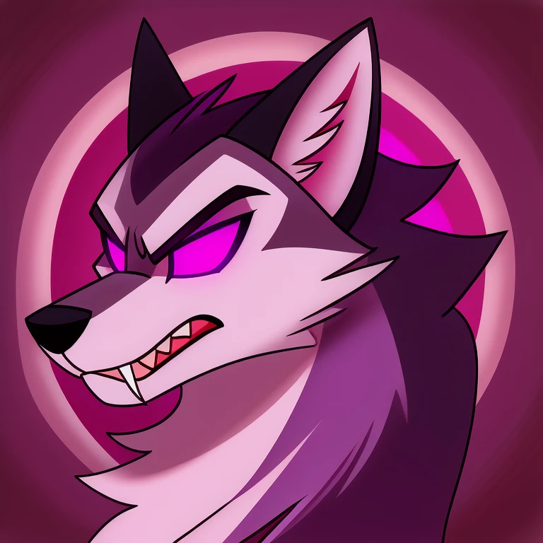 (masterpiece, best quality:1.2), Vortex hellhound, wolf, furry, helluva boss, hypnotized with completely spyral glowing purple eyes with no irises or pupils, angry growling, profile picture