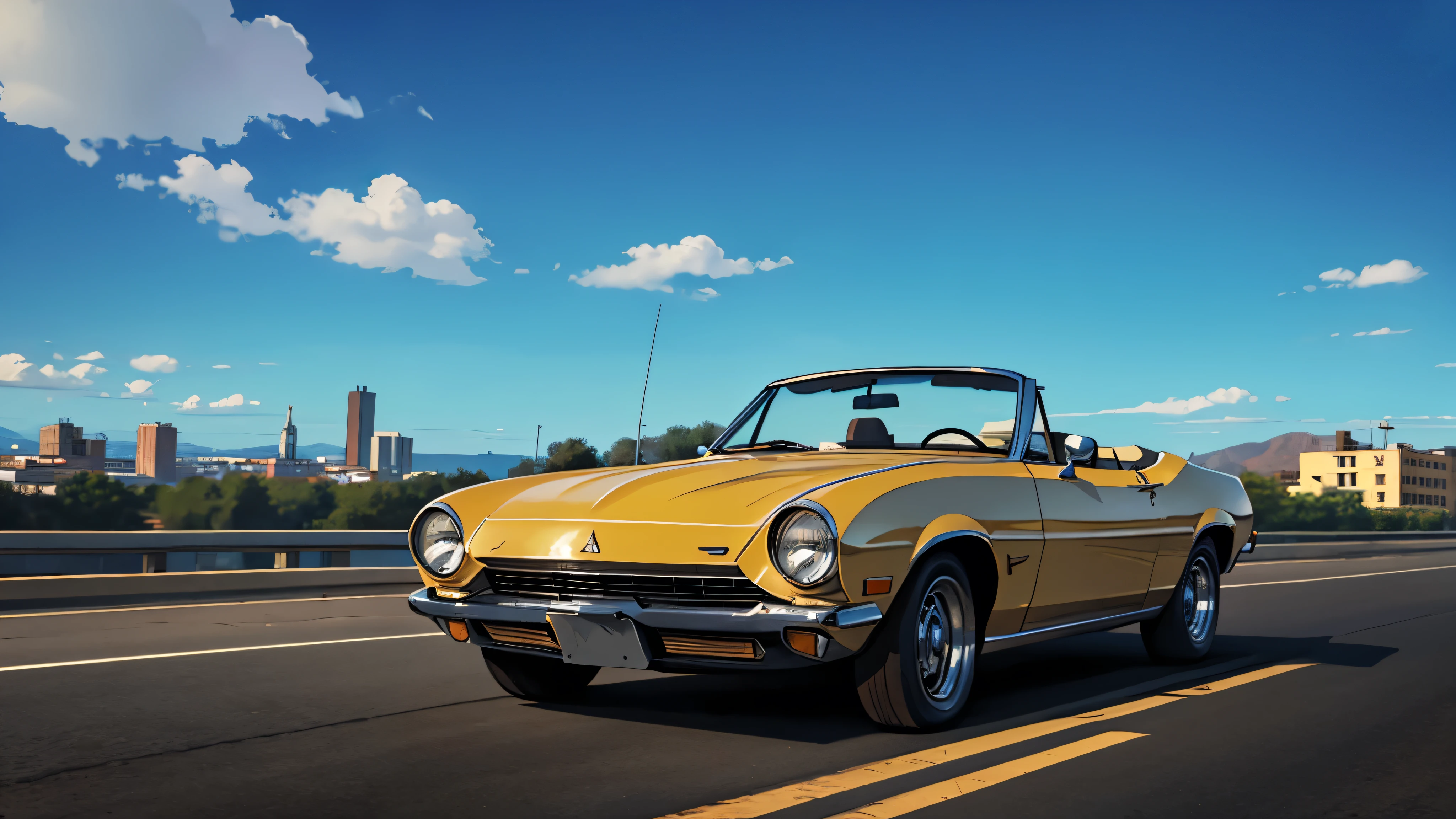 1970s convertible car driving down the street, cinematic action, masterpiece, super detail, textured skin, atmospheric perspective,