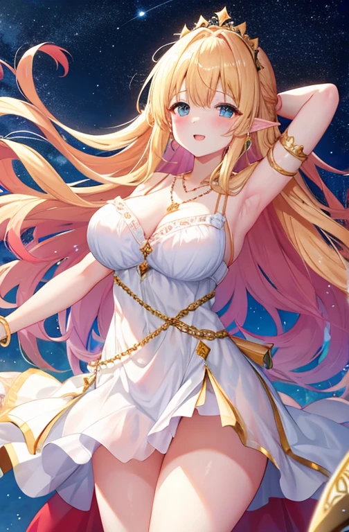 Tag: Tabletop, Highest quality, One Girl,Elvish、 huge , gem, Golden Hair, White Dress, Long Hair, alone, blush, Big Breasts, necklace, White underwear, Beautiful Eyes, , Starry sky in the background, , Thick legs, Thick thighs, Underarm, Hair between the eyes, Spectacular Background, clavicle, Upper Body, bangs, put your hands in your hair, Part your lips、Beautiful tiara、Laughter、