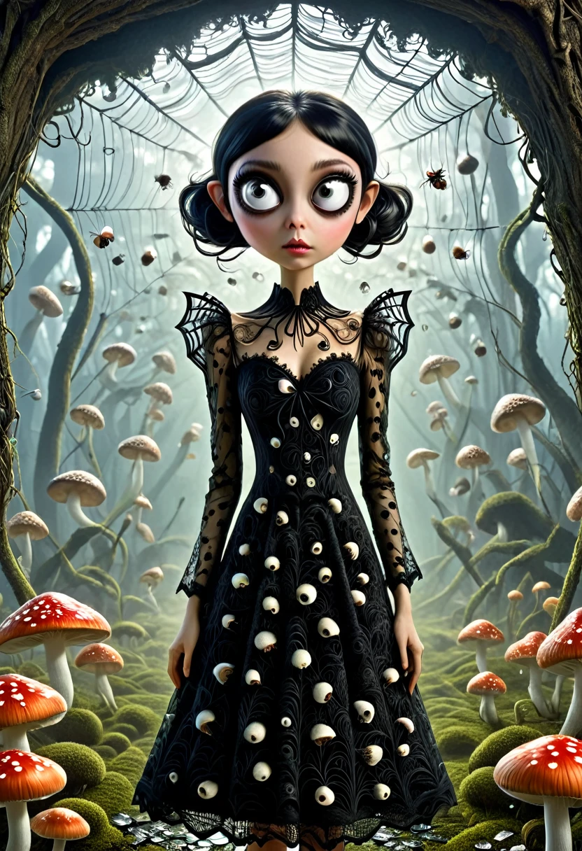 Karely Ruiz, spider-shaped lace dress, She looks with her enormous eyes directly at the mushrooms with an expression of astonishment as she sees herself surrounded by hundreds of crystal insects that have an impossible geometry.... All with the style of Tim Burton, in a kind of surreal dream. While drinking some tea.