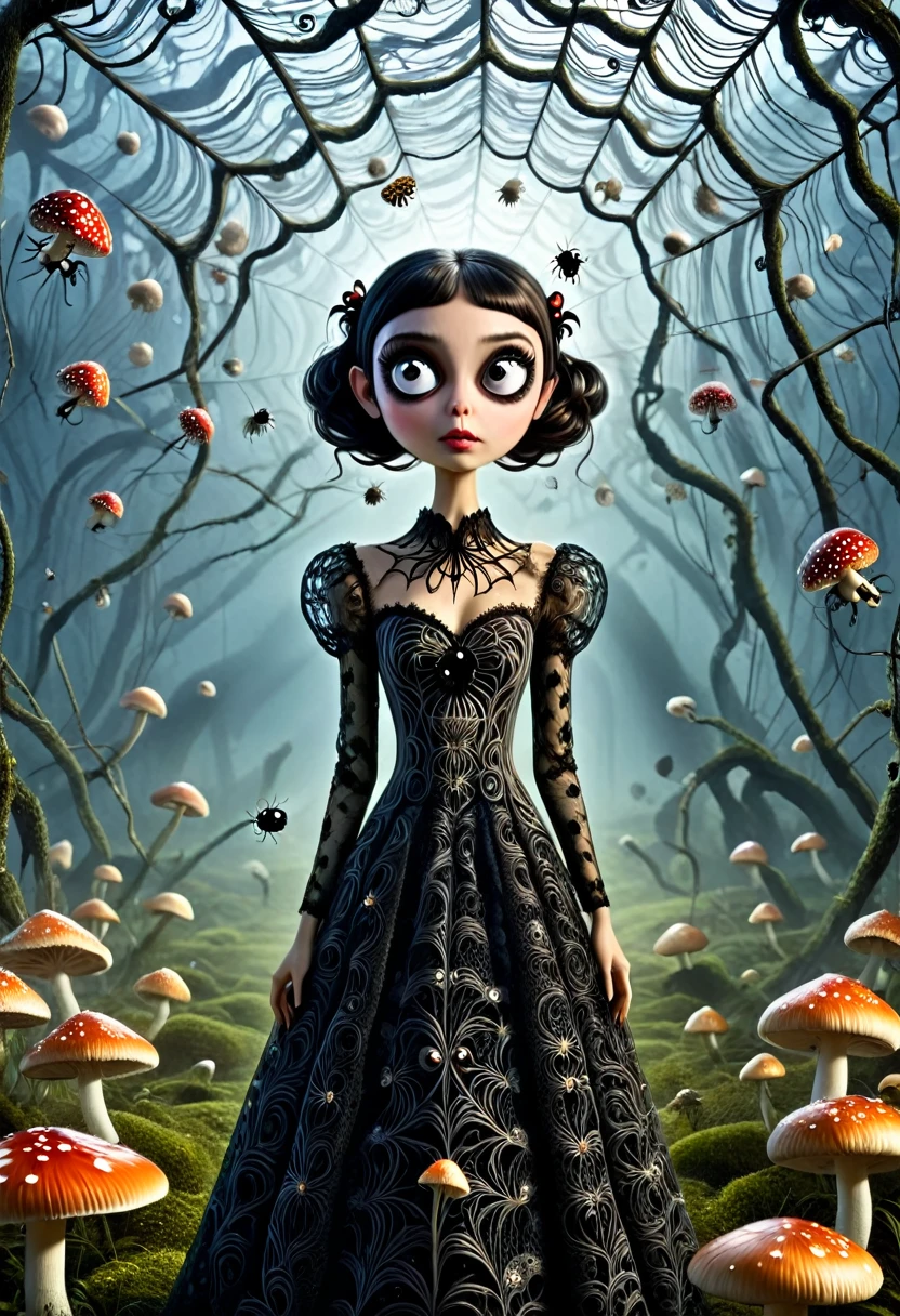 Karely Ruiz, spider-shaped lace dress, She looks with her enormous eyes directly at the mushrooms with an expression of astonishment as she sees herself surrounded by hundreds of crystal insects that have an impossible geometry.... All with the style of Tim Burton, in a kind of surreal dream. While drinking some tea.