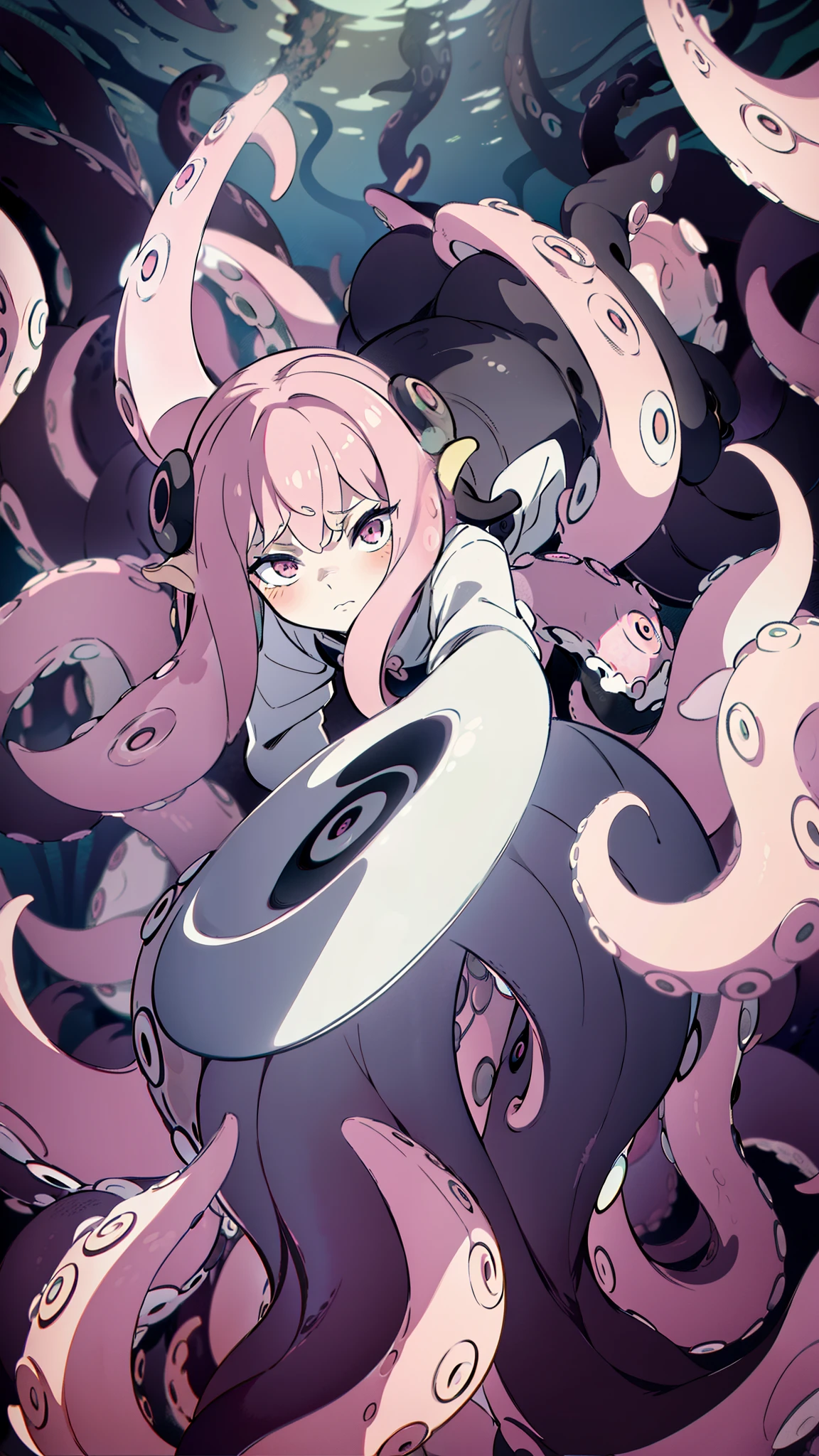 ((best quality)), ((highly detailed)), absurdres, (detailed eyes, deep eyes),1girl,20 years old,solo,long hair,pink hair,(white shirt,black standart tie,black skirt),dynamic pose, cowboy shot, (((scylla))), (((octopus girl))), standing, (tentacles:1.33), (suction cups:1.33), (fused:1.33), ((tentacle legs)), squidlegs, ((underwater,sea, aurora,night))