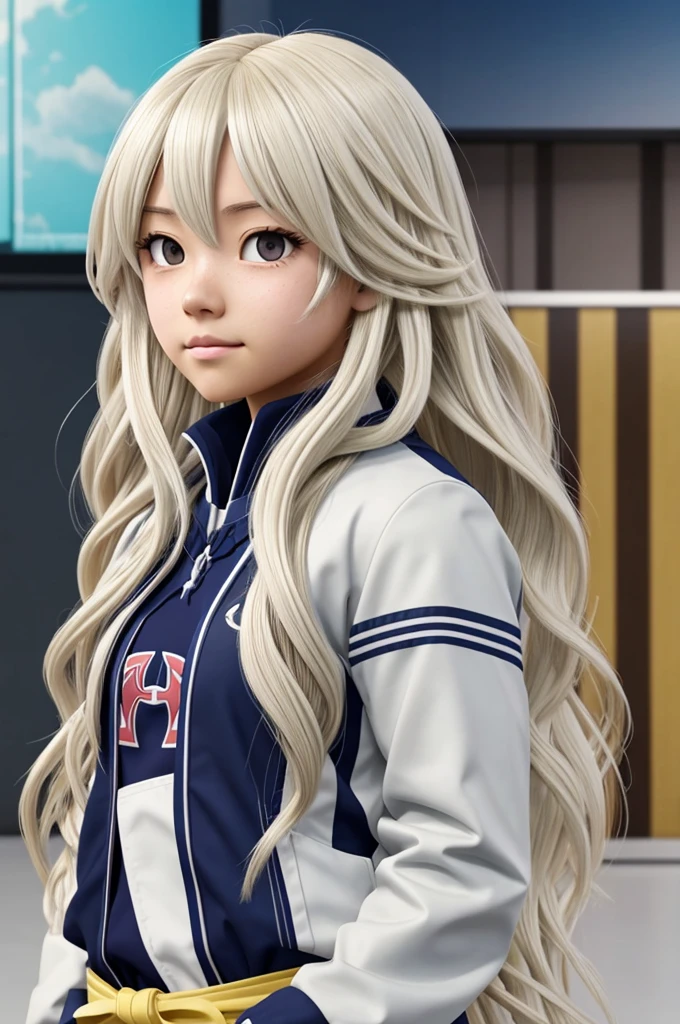 Screenshot of my Hiro Academia.
Girl with long wavy white hair, He has brown eyes, He has a cold exposure and is wearing the UA uniform and in the background he has a UA School class