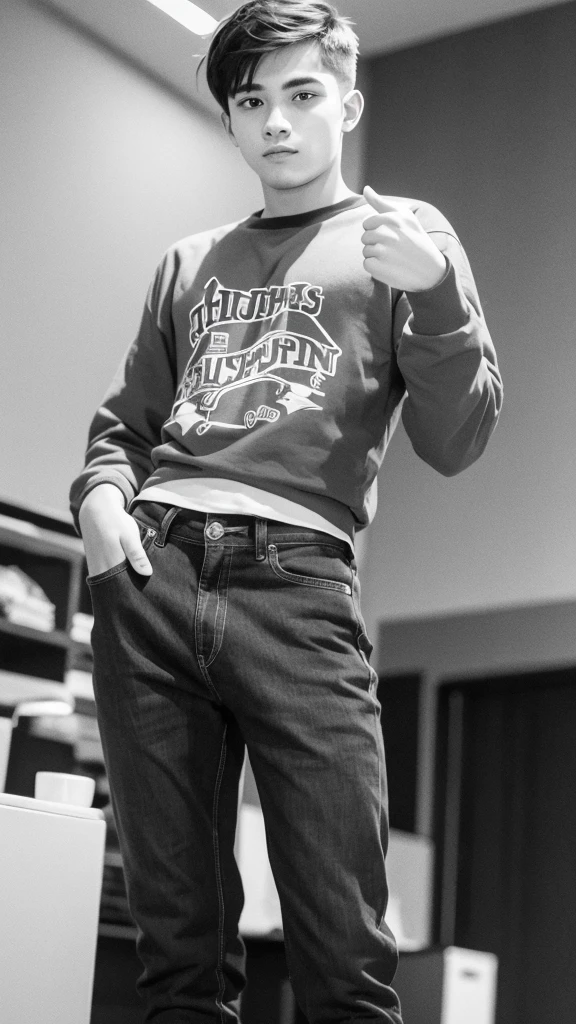 A twenty-year-old young man standing, raising his right hand and giving a thumbs-up 
