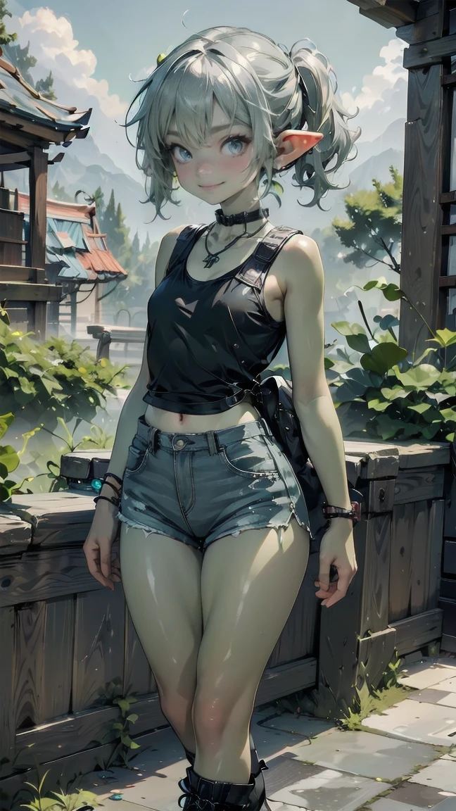 1 girl, solo ((best quality)), ((masterpiece)), (detailed), 4k, deep green skin, tiny pointy ears, 3 foot tall mature goblin woman with silver hair color, pigtails, ((green skin)) wearing tanktop, hiking shorts, hiking boots, backpack, wearing rainbow friendship bracelet and leather necklace, exploring ancient asian ruins on a misty early morning, foggy and mysterious, dynamic pose, cinematic still, misty, foggy, soft lighting