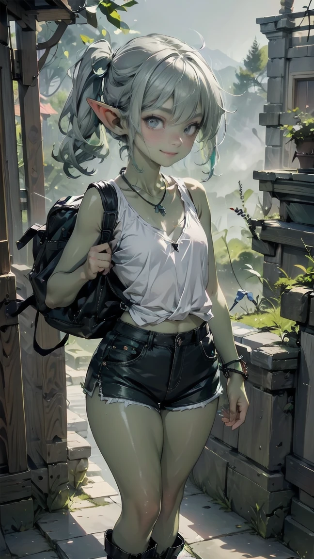 1 girl, solo ((best quality)), ((masterpiece)), (detailed), 4k, deep green skin, tiny pointy ears, 3 foot tall mature goblin woman with silver hair color, pigtails, ((green skin)) wearing tanktop, hiking shorts, hiking boots, backpack, wearing rainbow friendship bracelet and leather necklace, exploring ancient asian ruins on a misty early morning, foggy and mysterious, dynamic pose, cinematic still, misty, foggy, soft lighting