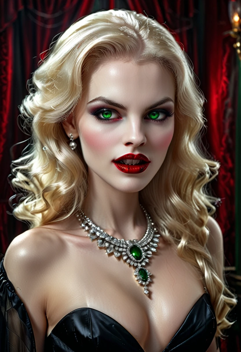 ((a photorealistic glamour shot of an exquisite, glamour female vampire: 1.5)), ((full body: 1.3)), ultra feminine, pale face, blond hair, long vibrant shiny hair, glamorous hair, emerald green eyes, deep penetrating eyes, red lips, lustful lips, ((two visible vampiric fangs: 1.5), drops of blood dripping from the mouth, ((1950's style: 1.5)), she wears white elegant glamour dress, intricate details, the dress is studded with diamonds, tight suit, dynamic color, high heels, dynamic background, (highest quality:1.2, Very detailed, up to date, Vibrant, Ultra-high resolution, High Contrast, masterpiece:1.2, highest quality, Best aesthetics), best details, best quality, highres, ultra wide angle, 16k, [ultra detailed], masterpiece, best quality, (extremely detailed), Genetically modified..., Cinematic Hollywood Film, 