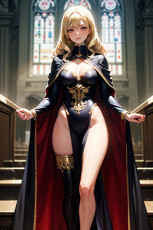 Dark Souls, Dim Light, Old Church, Mature Woman, slim, expensive, Long blonde curly hair, Long black cape, Red leotard with long skirt, Long skirt with diamonds, Gold Bracelets, 8K, Official Style, European aristocracy, 