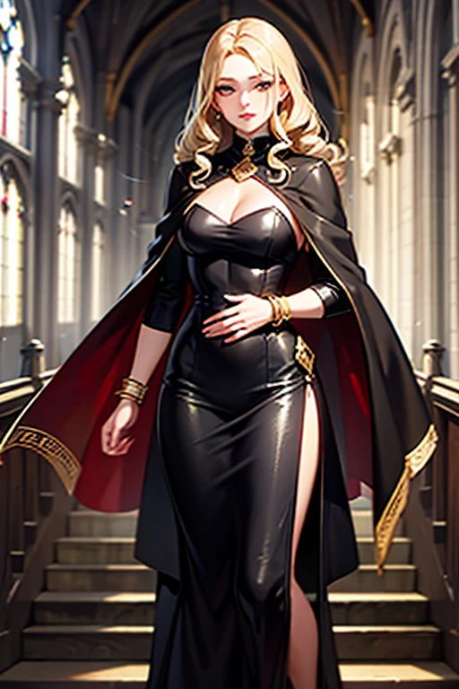 Dark Souls, Dim Light, Old Church, Mature Woman, slim, expensive, Long blonde curly hair, Long black cape, Red leotard with long skirt, Long skirt with diamonds, Gold Bracelets, 8K, Official Style, European aristocracy, 