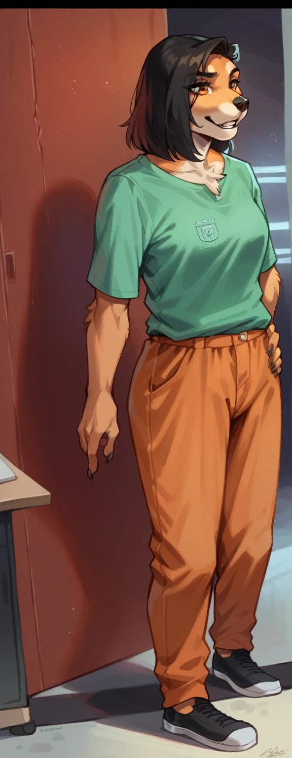 there is a woman standing in front of a computer screen, red shirt brown pants, wearing an orange t-shirt, wearing an orange t shirt, wearing pants and a t-shirt, middle shot waist up, wearing pants, wearing an orange jumpsuit, wearing orange prison jumpsuit, orange fluffy belly, vibrant but dreary orange, hand on hips, large pants