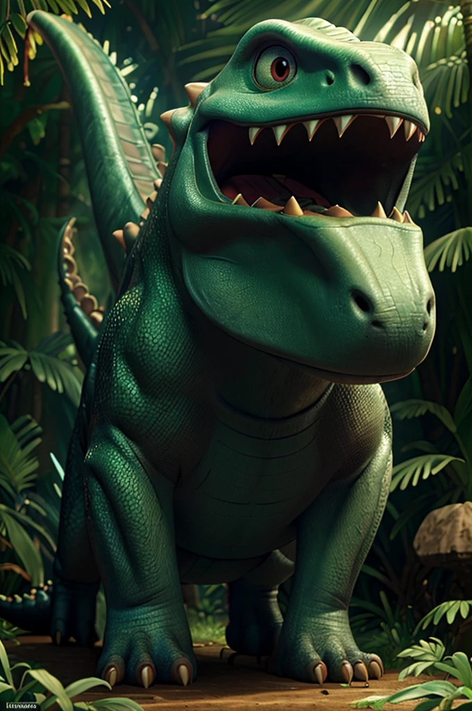 A gigantic dinosaur, prehistoric, Jurassic, massive, towering, ferocious, sharp teeth, glowing eyes, stomping through a lush jungle, dense foliage, sunlight filtering through the canopy, photorealistic, cinematic lighting, highly detailed, 8k, intricate scales, muscular frame, menacing presence, awe-inspiring, award-winning digital art