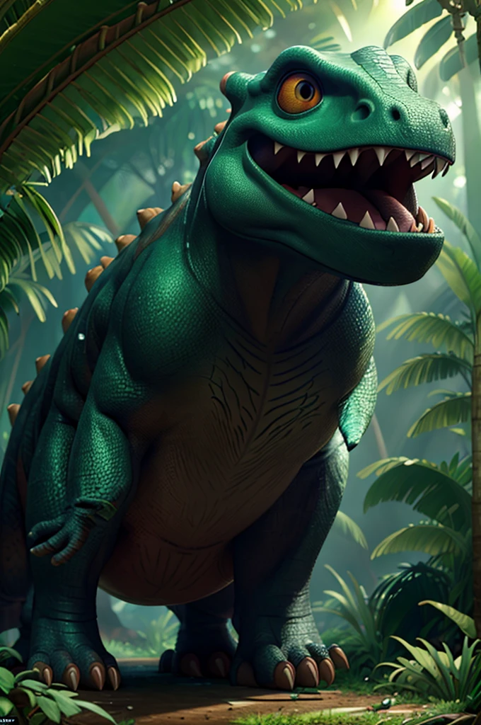 A gigantic dinosaur, prehistoric, Jurassic, massive, towering, ferocious, sharp teeth, glowing eyes, stomping through a lush jungle, dense foliage, sunlight filtering through the canopy, photorealistic, cinematic lighting, highly detailed, 8k, intricate scales, muscular frame, menacing presence, awe-inspiring, award-winning digital art
