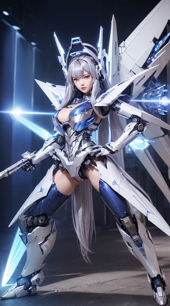((Intense action pose:1.6))、((Shining lenses on both breasts:1.3))、((Blue pillars of light are emanating from both chests.:1.3))、smile、((8K)), ((32k)), ((Highest quality)), ((masterpiece)), ((超A high resolution)), ((Tmasterpiece)), ((Halation:1.4))、((Mechaニカルheadgear:1.2))、((Cyber headphones:1.3))、Fine skin, High quality fabric, Fine metal texture、((Beautiful and dense face))、RAW Photos、Professional, Ultra-fine painting, ((alone)), Beautiful breasts、Highest quality, Very detailed, Very detailed詳細, Finer details, so beautiful, ((Princess Knight Robot:1.2)), (Joints of machines, Mechanical Limbs:1.3), (The internal structure of the machine is exposed:1.3), (Long silver hair:1.1), (Beautiful and huge mechanical breasts)、White Veil, cowboy_shot, Side Focus, headgear, Shiny、(Five Fingers, Four fingers and thumb),Concept Art, Anime fantasy artwork, Detailed fantasy art, (with pale blue-violet hair and large white wings,,,,,,,), (((Long silver hair))), (Mecha:1.6)、Sleek and intimidating design, ((Commander-in-Chief'arm)), (Perfect robot body)、純白と青紫armまたは, Symmetrical wings, 8K high quality, detailed art, 3D rendering of character art in 8K, neat legs, Defined, Defined fingers,