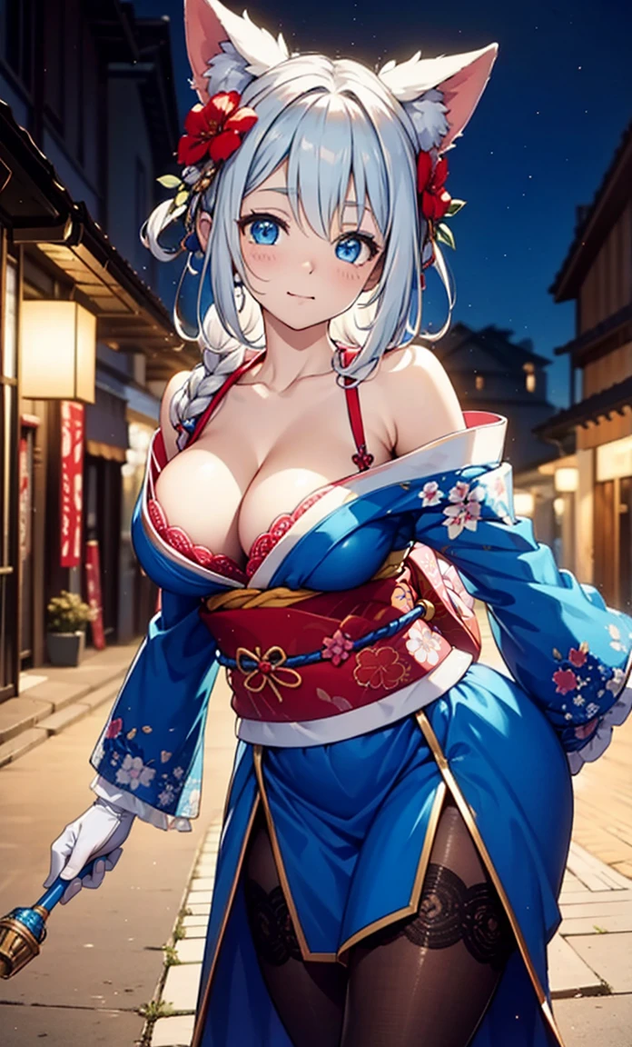 {{{{masterpiece}}}}, {{{Super detailed}}}, {{{High Sharpness}}}, {{Excellent anatomy}}, (((The best quality at its best))), ((Very delicate and beautiful)), {{Very detailed and sophisticated}}, {8k CG wallpaper}, {{lights}}, (Floral:1.1),There are many different types of patterns that appear on clothing.,(Color Difference:1.2),Mature Woman,(Maiden Goddess Face), (1 plump girl:1), Have fun,Obsessed,solo, Oiran, (kimono,:1.2),Black gloves,Lace pantyhose, (Big cleavage),Big Curve,night,lights,Shine,Seductive pose