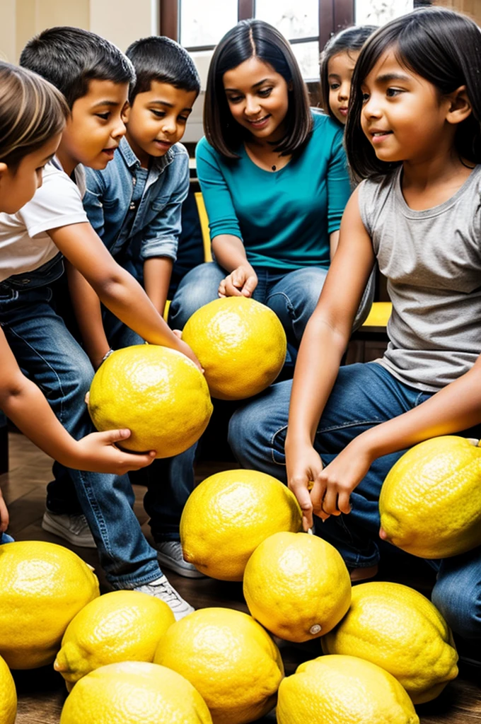 A giant lemon surrounded by children