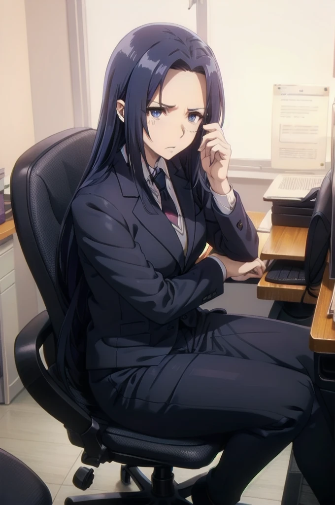 blue hair,,long hair,blue eyes,(((office suit,)))(disgust,looking disgusted, abhore),in the office,sitting on the office chair