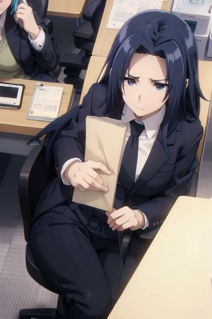 blue hair,,long hair,blue eyes,(((office suit,)))(disgust,looking disgusted, abhore),in the office,sitting on the office chair
