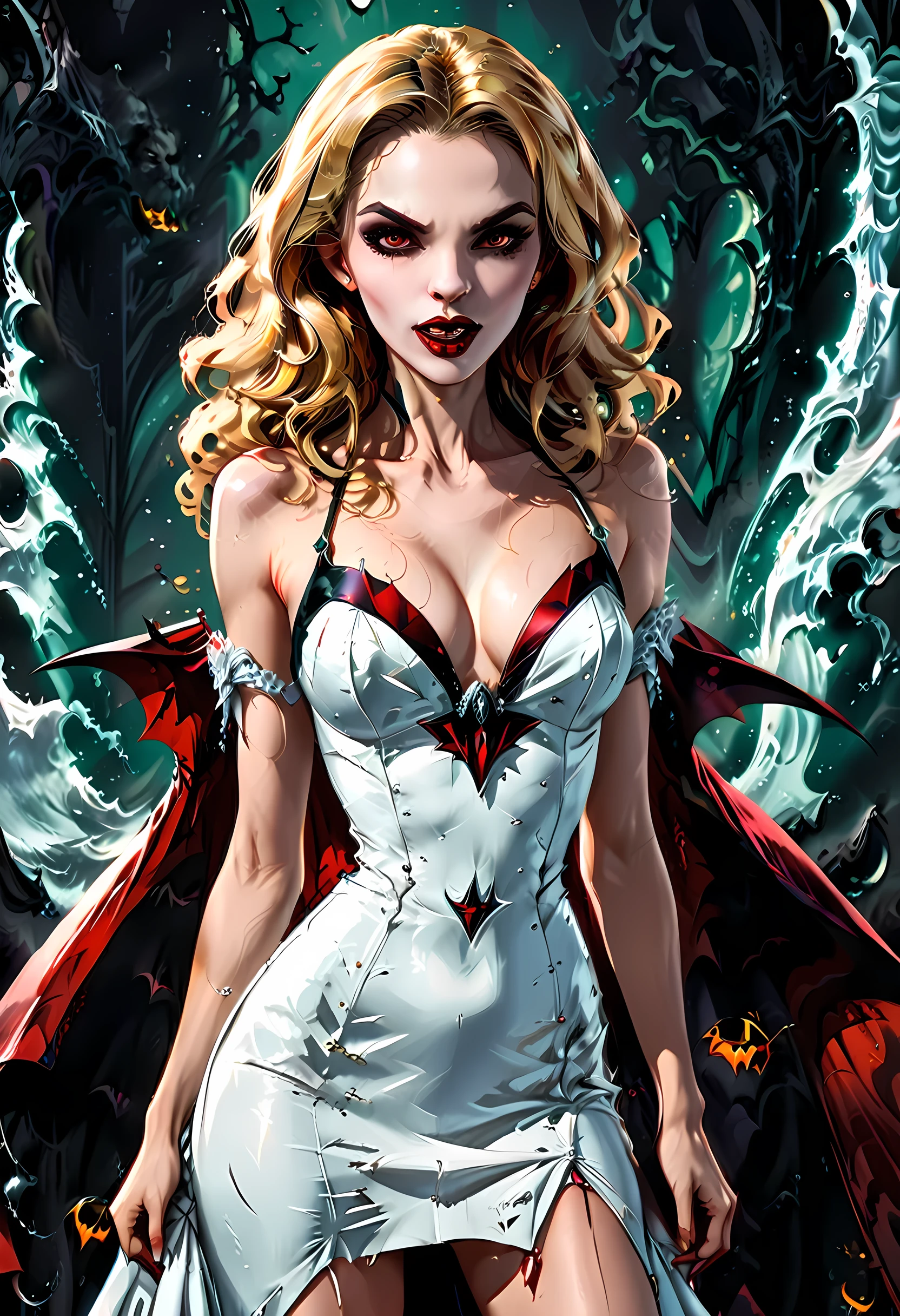 ((a photorealistic glamour shot of an exquisite, glamour female vampire: 1.5)), ((full body: 1.3)), ultra feminine,  pale face, blond hair, long vibrant shiny hair, glamorous hair, emerald green eyes, deep penetrating eyes, red lips, lustful lips, ((two visible vampiric fangs: 1.5), drops of blood dripping from the mouth, ((1950's style: 1.5)), she wears white elegant glamour dress, intricate details, the dress is studded with diamonds, tight suit,  dynamic color, high heels, dynamic background,  (highest quality:1.2, Very detailed, up to date, Vibrant, Ultra-high resolution, High Contrast, masterpiece:1.2, highest quality, Best aesthetics), best details, best quality, highres, ultra wide angle, 16k, [ultra detailed], masterpiece, best quality, (extremely detailed), Genetically modified..., Cinematic Hollywood Film, dark novel