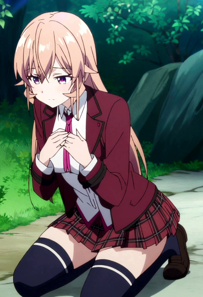 1girl, nakiri erina, kneeling, thighhighs, navy thighhighs, jacket, plaid skirt, hands on breasts, outdoors, anime_screencap_erina