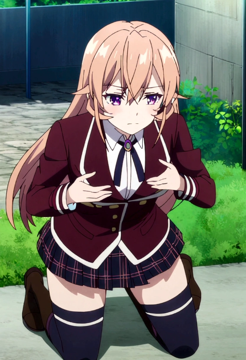 1girl, nakiri erina, kneeling, thighhighs, navy thighhighs, jacket, plaid skirt, hands on breasts, outdoors, anime_screencap_erina