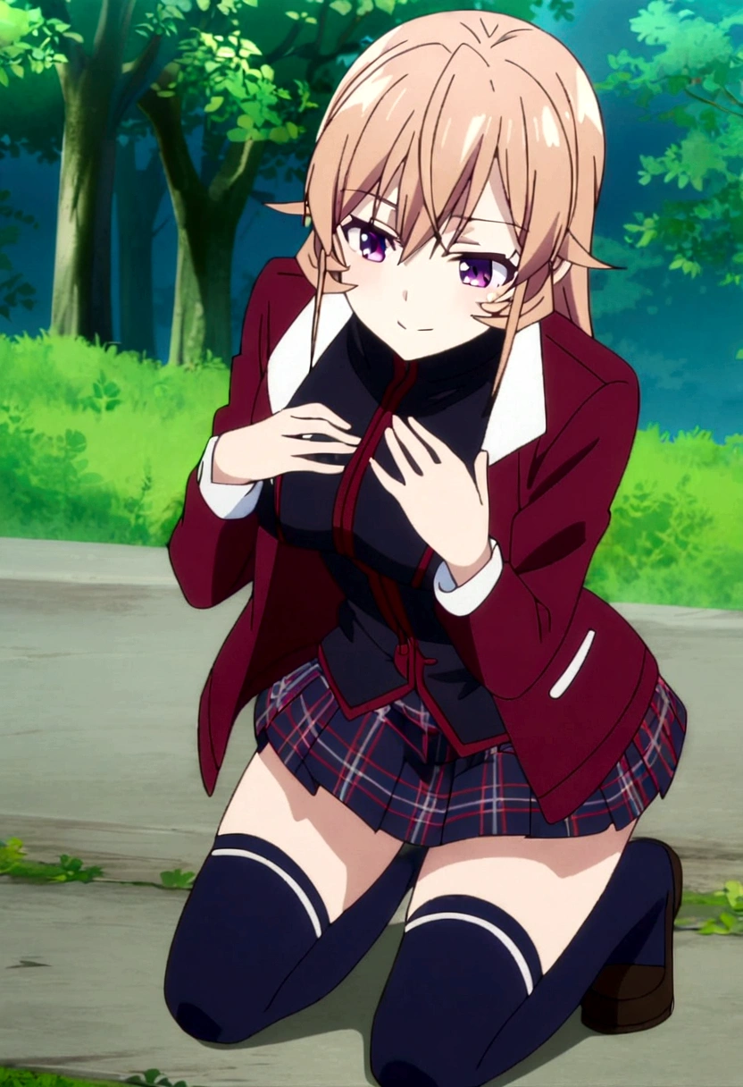 1girl, nakiri erina, kneeling, thighhighs, navy thighhighs, jacket, plaid skirt, hands on breasts, outdoors, anime_screencap_erina