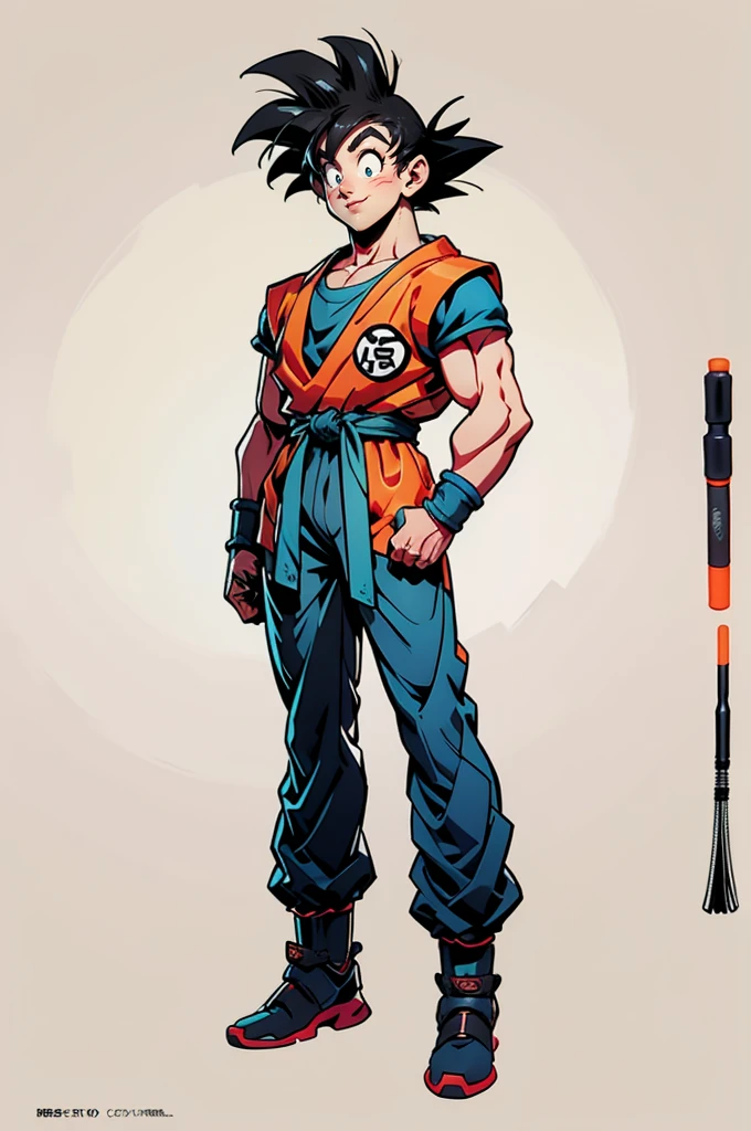 1man, fashion outfit, son goku from dragon ball, akira toriyama style, full body, detail, face detail, amazing art, simple background,
