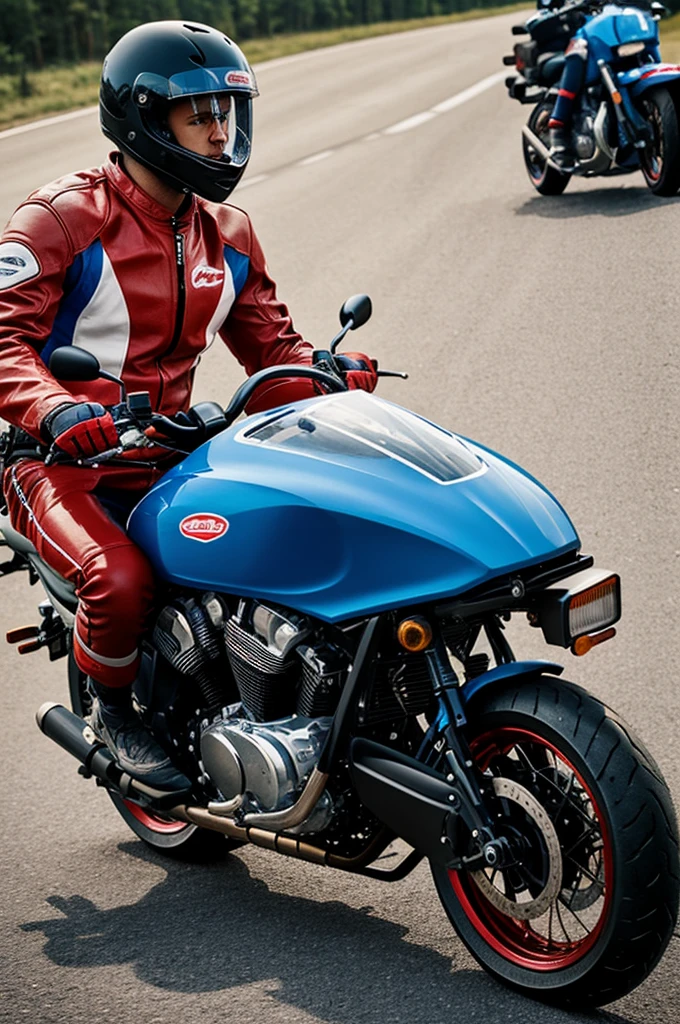 Logo for a company for customers with a motorcycle, using white colors,blue and red