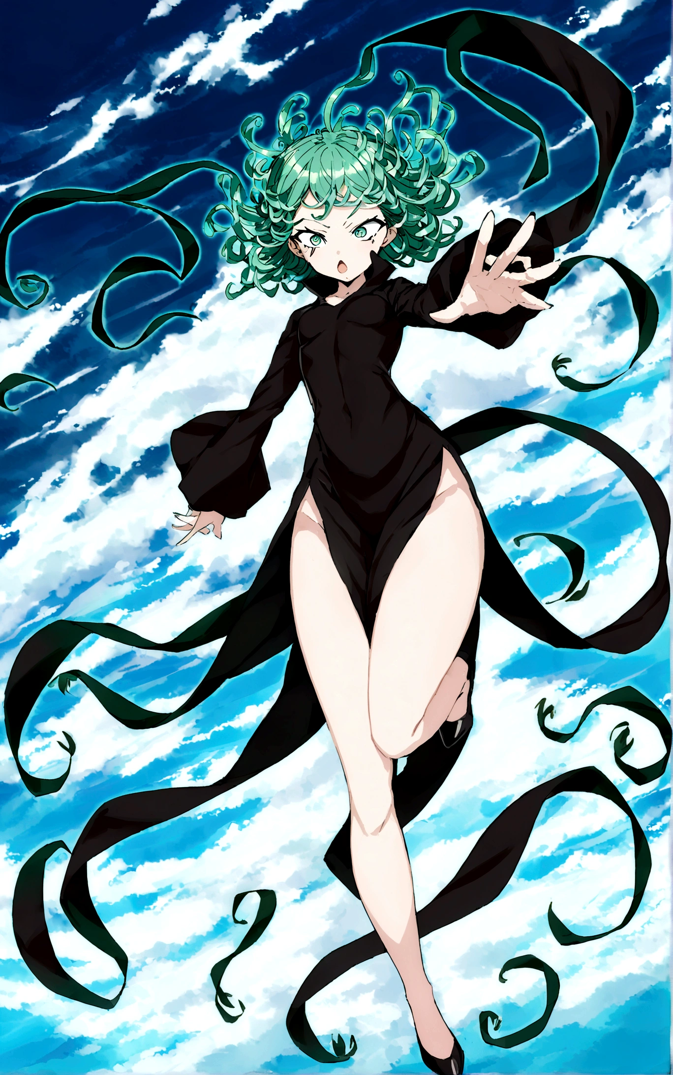 Create a digital image of a female character floating in the sky with a background of white clouds and a bright blue sky. She has wavy green hair that spreads around her head., large, expressive eyes, and a confident and determined expression. The character is wearing a short, tight black dress, with a high cut on the side that reveals your long legs. The dress has long sleeves that extend into flowing, billowing bands., adding a dynamic effect to your appearance. She wears black high heel shoes. The character's pose is powerful, with one hand extended forward as if using special powers, while the other hand is close to the body. Her left leg has a slight visible bruise.. The atmosphere of the image should convey a sense of power and movement.