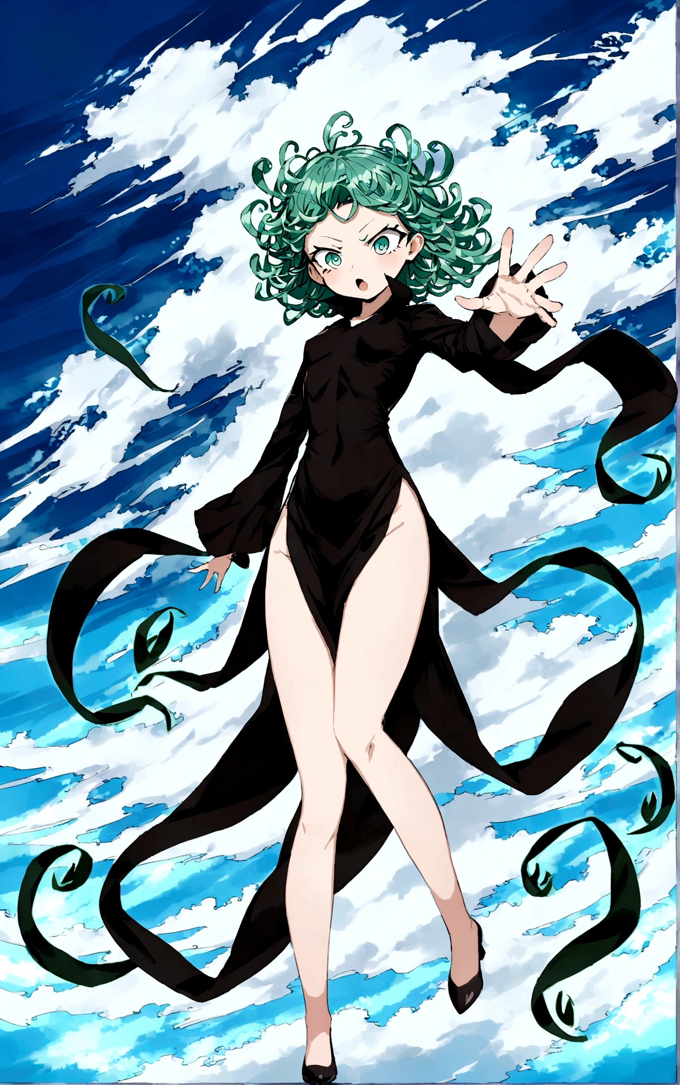Create a digital image of a female character floating in the sky with a background of white clouds and a bright blue sky. She has wavy green hair that spreads around her head., large, expressive eyes, and a confident and determined expression. The character is wearing a short, tight black dress, with a high cut on the side that reveals your long legs. The dress has long sleeves that extend into flowing, billowing bands., adding a dynamic effect to your appearance. She wears black high heel shoes. The character&#39;s pose is powerful, with one hand extended forward as if using special powers, while the other hand is close to the body. Her left leg has a slight visible bruise.. The atmosphere of the image should convey a sense of power and movement.