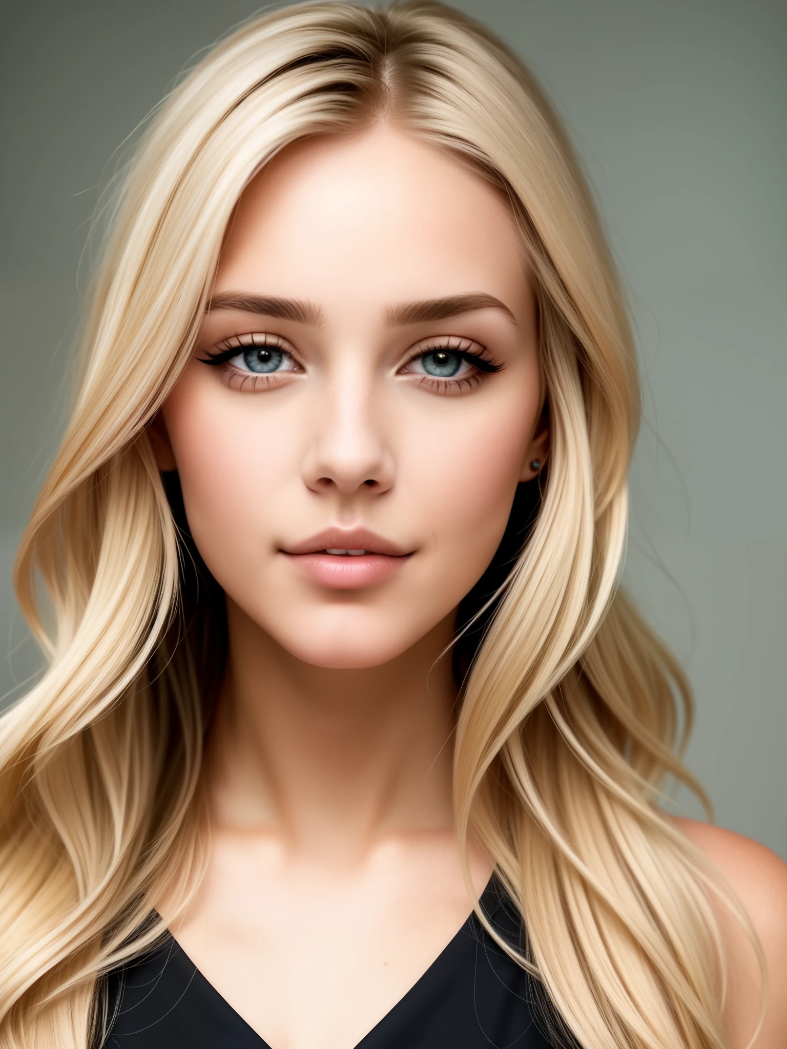 a normal blond hair 25 year old Model lady that beautiful face gray eyes little bit and black dot on face under the lip
