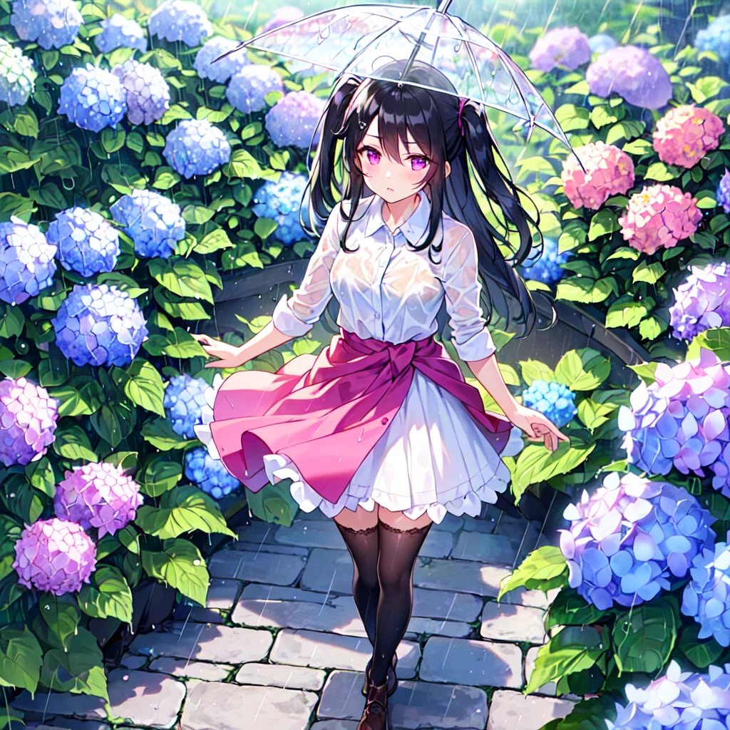 MASTERPIECE, best quality, high quality, extremely detailed, very delicate and beautiful, (1 female 18 years old solo: 1.2), (long black hair, two-side up to waist: 1.4), fringes to eyebrows, eyes. (eyes sharp, strong glossy glossy eyes, eyebrows glossy, (eye colour magenta: 1.3), 6.5 head tall, (shirt: 1.3), skirt, knee socks, lace, (melancholy expression), (hands folded),(Standing ), (dynamic pose), (background hydrangea garden: 1.3), (rain: 1.3)