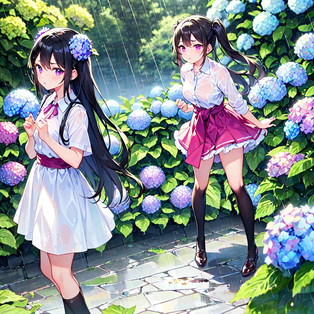 MASTERPIECE, best quality, high quality, extremely detailed, very delicate and beautiful, (1 female 18 years old solo: 1.2), (long black hair, two-side up to waist: 1.4), fringes to eyebrows, eyes. (eyes sharp, strong glossy glossy eyes, eyebrows glossy, (eye colour magenta: 1.3), 6.5 head tall, (shirt: 1.3), skirt, knee socks, lace, (melancholy expression), (hands folded),(Standing ), (dynamic pose), (background hydrangea garden: 1.3), (rain: 1.3)