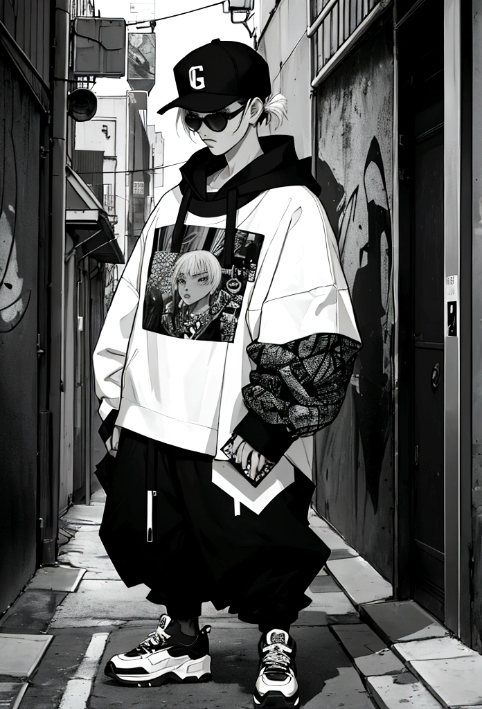Generate a background composed of a collage of Y2K street wear fashion magazines, featuring a monochromatic black and white aesthetic. Collages must include elements characteristic of urban fashion at the turn of the millennium, like images of baggy clothes, camisetas oversized, baggy pants, Caps, sports shoes and accessories such as chains and sunglasses. Integrate graphics, typical textures and patterns of the time, like tribal prints, chess and letters in graffiti style. The background should convey a sense of dynamism and urban style characteristic of the 2000s.