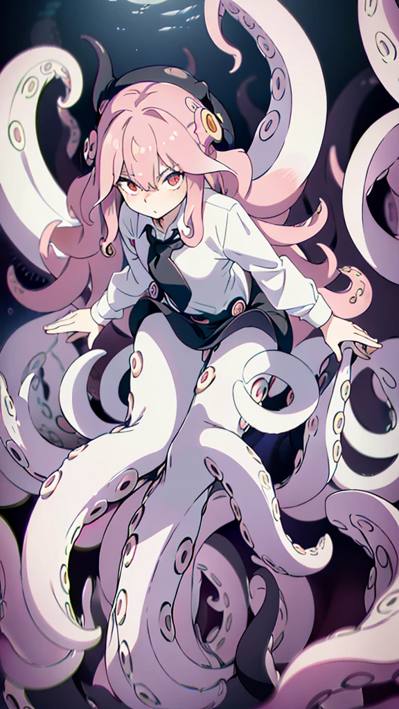 ((best quality)), ((highly detailed)), absurdres, (detailed eyes),1girl,20 years old,solo,long hair,pink hair,(((white shirt,black standart tie,black skirt))),dynamic pose, cowboy shot, (((scylla))), (((octopus girl))), standing, (tentacles:1.33), (suction cups:1.33), (fused:1.33), ((tentacle legs)), squidlegs, ((underwater,sea, aurora,night)),leaning forward, serious,cute,reaching out