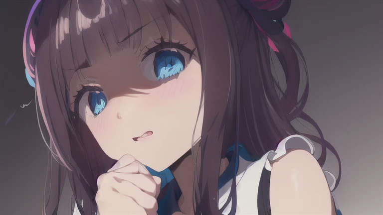 covering face, masterpiece,1girl,(blush:1.2),  peeking through fingers, yandere, (shaded face:1.4),  upper body, pov face, from below, seductive smile, open mouth, black background, satou, buns, double buns, blue jacket, white shirt, sweater vest, glowing eyes,  (extremely detailed CG unity 8k wallpaper,masterpiece, best quality, ultra-detailed, beautiful detailed eyes),(best illumination, best shadow, an extremely delicate and beautiful, bloom, absurdres,)