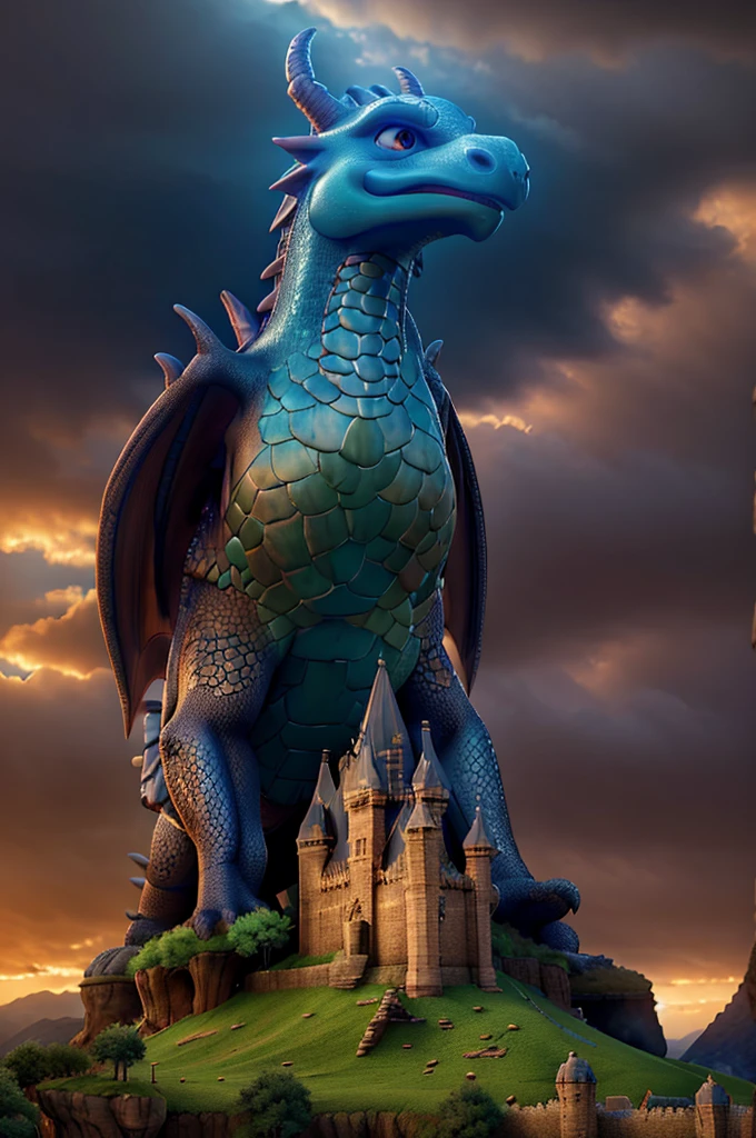 a massive fantasy castle with a giant dragon perched on top, highly detailed, ultra-realistic, 8k, photorealistic, dramatic lighting, intricate architecture, dramatic skies, epic scale, cinematic composition, dramatic colors, volumetric lighting, detailed textures, moody atmosphere