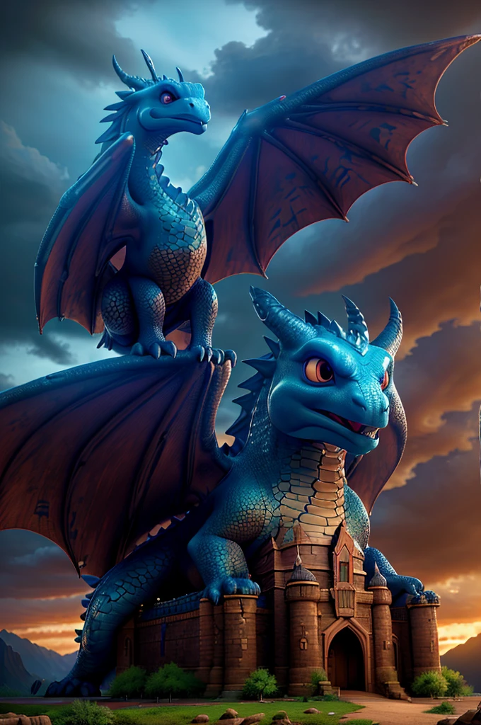 a massive fantasy castle with a giant dragon perched on top, highly detailed, ultra-realistic, 8k, photorealistic, dramatic lighting, intricate architecture, dramatic skies, epic scale, cinematic composition, dramatic colors, volumetric lighting, detailed textures, moody atmosphere