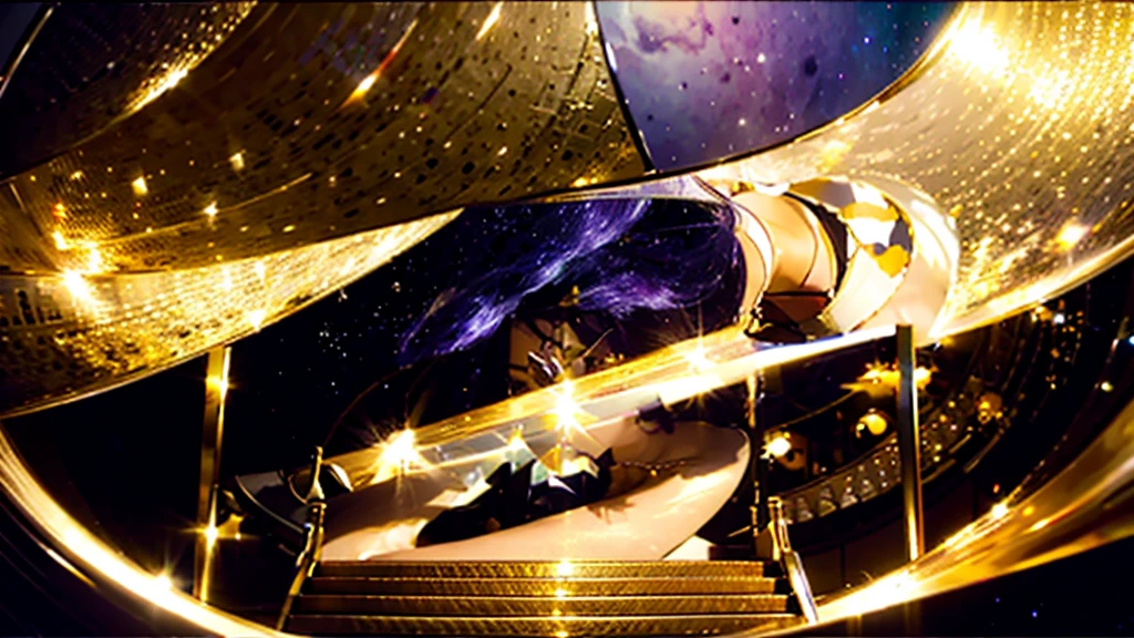 BEST IMAGE, 8K, A BEAUTIFUL 27 YEAR OLD WOMAN, FULL BODY, BEAUTIFUL SHOES, PANTS AND BLOUSE, WITH BACK TO CAMERA, PURPLE HAIR, LOOKING AT THE COSMOS, UNIVERSE, ON TOP OF A GOLD AND IVORY RAMP WITH STEPS, WHICH GO TO INFINITY, WHITE IVORY WITH GOLD, GOLDEN COLUMN FROM EARTH TO SKY