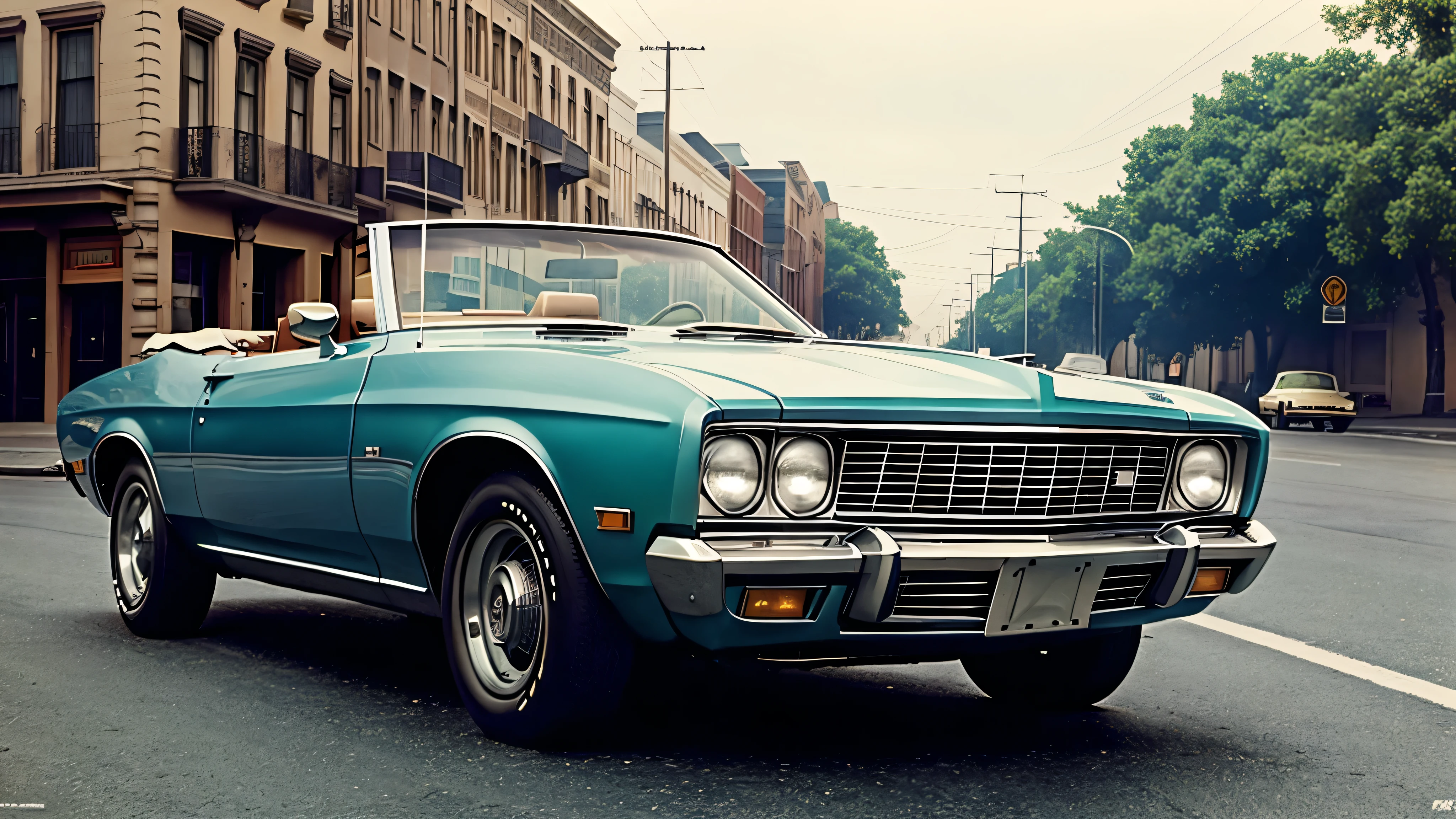 1970s convertible car driving down the street, cinematic action, masterpiece, super detail, textured skin, atmospheric perspective,
