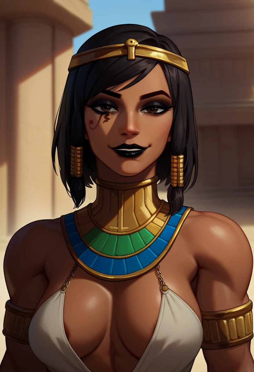 score_9, score_8_up, score_7_up, 1girl, solo, Pharah, brown eyes, (Eye of Horus), (black lipstick), portrait, smug, smirk, Egyptian clothes, outdoors, Egyptian temple,