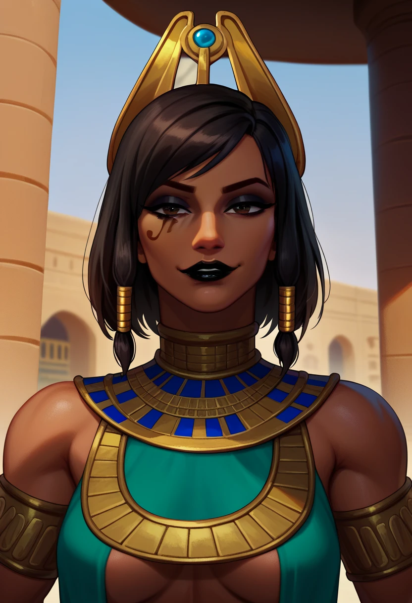 score_9, score_8_up, score_7_up, 1girl, solo, Pharah, brown eyes, (Eye of Horus), (black lipstick), portrait, smug, smirk, Egyptian clothes, outdoors, Egyptian temple,