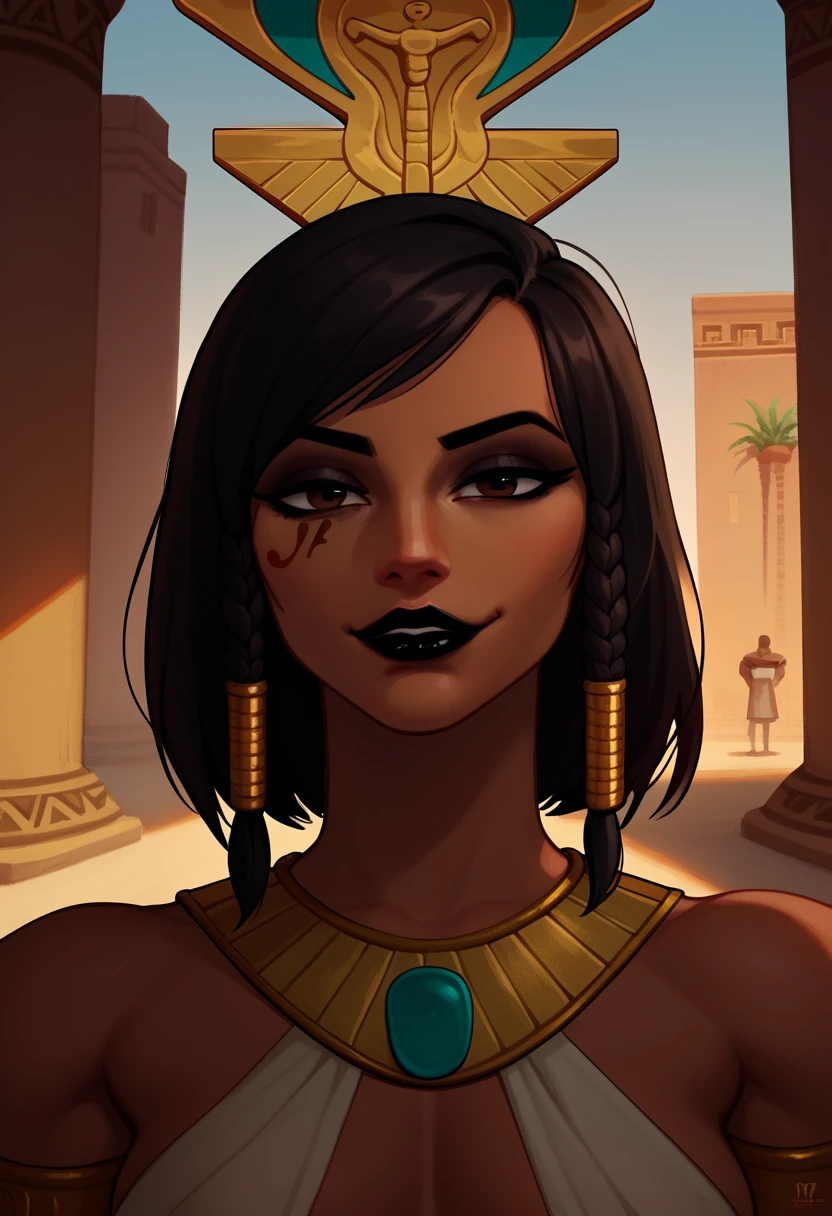 score_9, score_8_up, score_7_up, 1girl, solo, Pharah, brown eyes, (Eye of Horus), (black lipstick), portrait, smug, smirk, Egyptian clothes, outdoors, Egyptian temple,