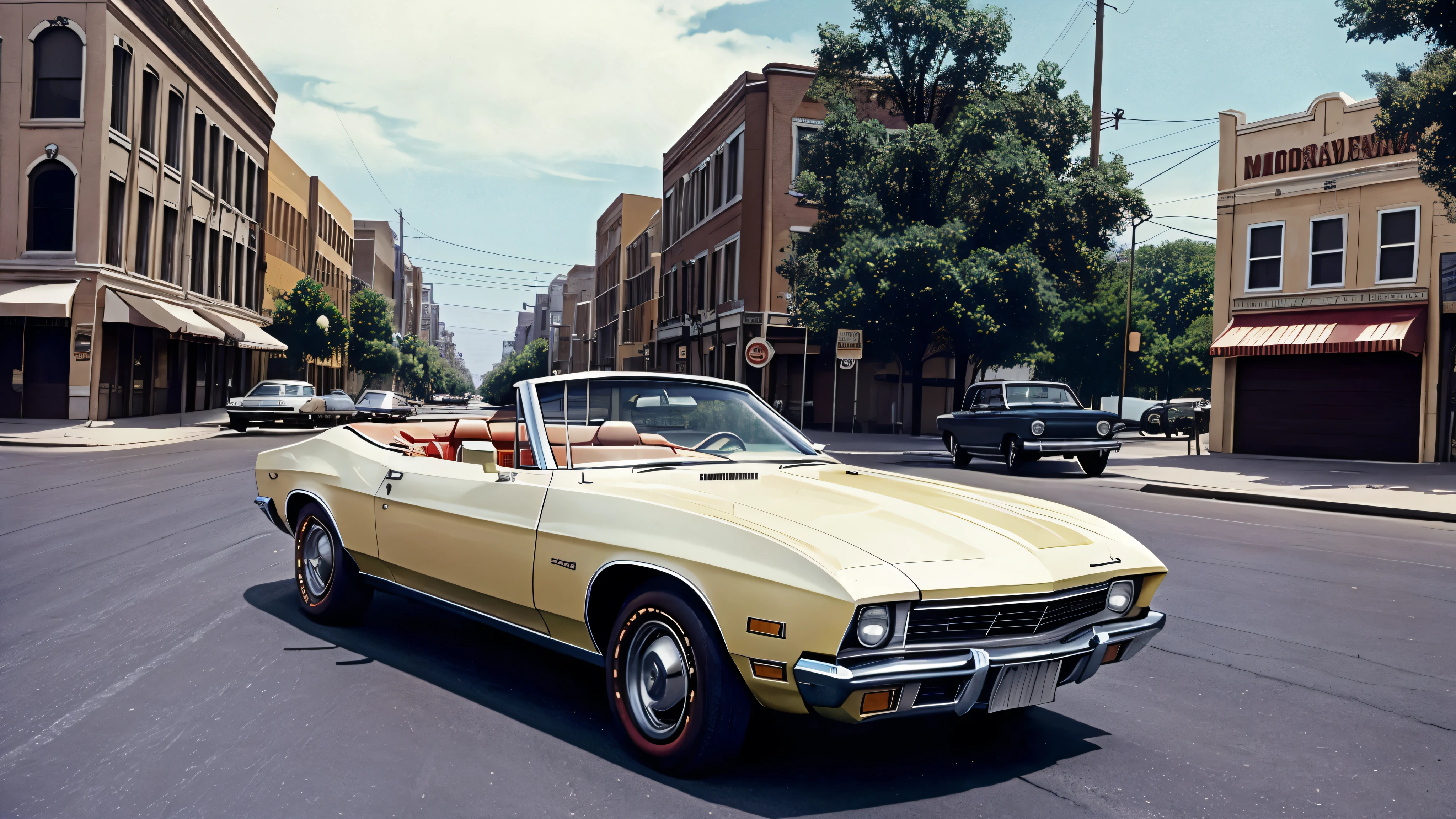 1970s convertible car driving down the street, cinematic action, masterpiece, super detail, textured skin, atmospheric perspective,