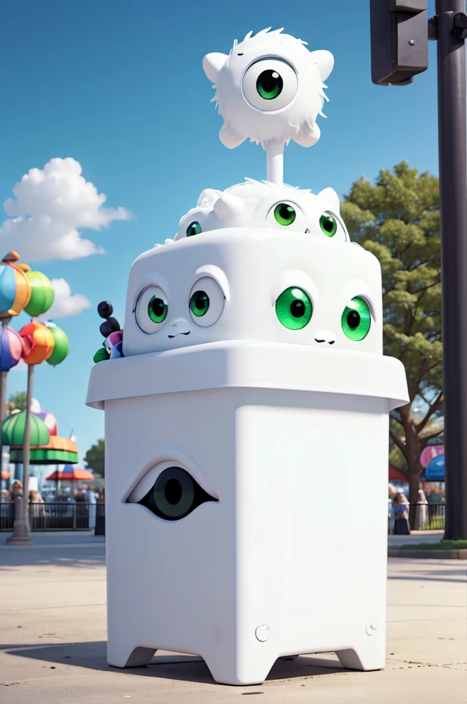 a white monster inside a square green trash can hidden, showing only round white eyes with black pupils,with a white claw holding a lollipop in front of an amusement park called gonpark at night