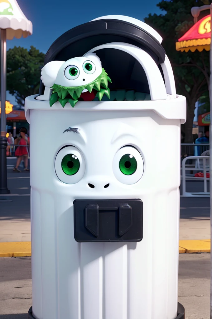 a white monster inside a square green trash can hidden, showing only round white eyes with black pupils,with a white claw holding a lollipop in front of an amusement park called gonpark at night