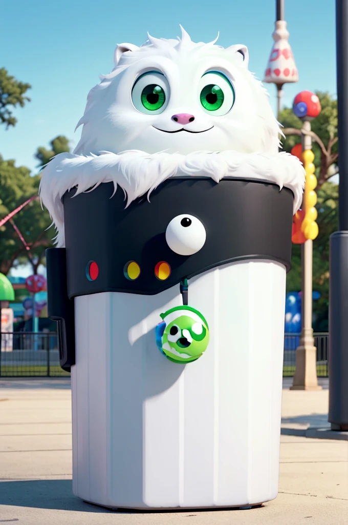 a white monster inside a square green trash can hidden, showing only round white eyes with black pupils,with a white claw holding a lollipop in front of an amusement park called gonpark at night 