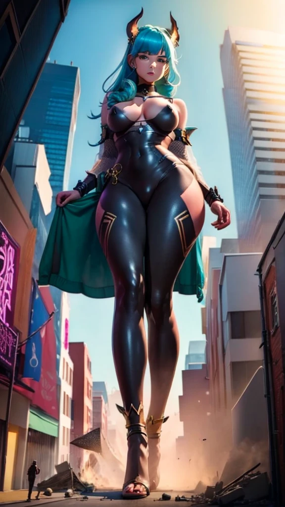 A colossal giantess succubus walks into a tiny city, breaking the floor and everything with her heels, she looks down and mocks you as you see him from below her tiny tits, full bodysuit and long legs covered all in transparent pantyhose, look down, evil, better quality, close, photo under her,