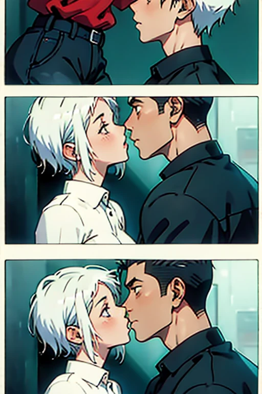 Girl with short white hair small and really skinny, passionately kissing a guy with short hair, manga page with panels and dialogue    