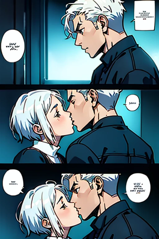 Girl with short white hair small and really skinny, passionately kissing a guy with short hair, manga page with panels and dialogue